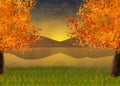 Illustration and background of autumn landscape with maple trees and a view over the lake Royalty Free Stock Photo