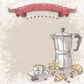 Illustration background with coffee, cup of coffee, croissants, blackberries and vanilla flower.
