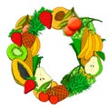Illustration of a background with fruits of all colors and the word Vegan in the middle