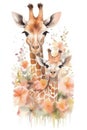 Watercolor Illustration giraffes on the lawn mom and her baby animals