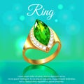 background with jewelry gold ring with emerald with reflection