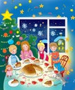 New Year card,Illustration for children`s books, postcard, children drink tea with a Christmas cupcake with a surprise near the Ch