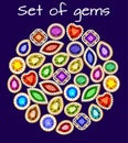 background with a set of jewelry gems of different colors and cuts collected in a circle