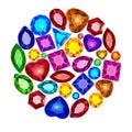 background with a set of jewelry gems of different colors and cuts collected in a circle Royalty Free Stock Photo