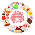 background sweets shop in a circle vector cakes sweets, cookies, gingerbread, jelly, marshmallows