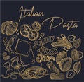 Illustration background with traditional Italian pasta sketch. Vintage seamless pattern with hand drawn food illustrations text