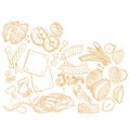 Illustration background with traditional Italian pasta sketch. Vintage seamless pattern with hand drawn food illustrations text