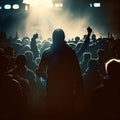 An illustration of a backlit silhouette of protesters gathered in a square, demonstrating and raising their voices in unity