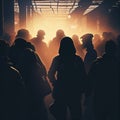 An illustration of a backlit silhouette of protesters gathered in a square, demonstrating and raising their voices in unity