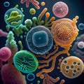 Illustration of bacteria of various types, shapes and colors under a microscope close-up on black, good biological background,