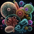 Illustration of bacteria of various types, shapes and colors under a microscope close-up on black, good biological background,