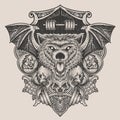 illustration baddas wolf head with skull with engraving ornament