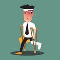 Illustration of a badly injured businessman walking on crutches