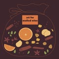 Illustration of a bag of spices for mulled wine. set for making hot drinks. spices and herbs for cooking.