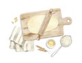 Illustration about baking - cutting board with dough, rolling pin