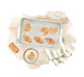 Illustration - baking sheet with fresh baked pastry, croissant, plate,