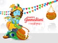 Illustration of bal gopal on white traditional decorative background with dahi handi. Happy janmashtami. Translation in english