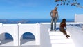 Illustration of a bald bare chested man wearing pants standing on a deck looking down at a woman sitting on white steps