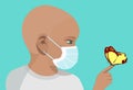 Illustration of a Bald Kid Wearing Face Mask, Sick with Cancer and looking at the butterfly.