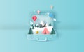Illustration of balloons floating Travel holiday tent camping trip winter suitcase concept.Graphic for snowfall winter season