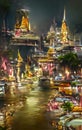 Illustration of Bangkok at night with its canals and golden temples