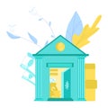 Illustration of bank building with currency symbols and coins. Financial institution with floral elements, money bank Royalty Free Stock Photo