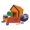 Illustration for banner with dogs food, goods, houses and supplies