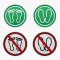 Barefoot and footsep sign. Do not step here please. Warning Sign. No barefoot sign. Footstep Forbidden. Illustration vector