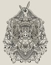 Illustration barong bangkung head with vintage engraving ornament