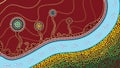 An illustration based on aboriginal style of dot painting depicting kangaroo track, trees and river Royalty Free Stock Photo