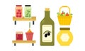 Flat vector design of basket with apples, pickled cucumbers and tomatoes, jar of jam and honey, bottle of olive oil Royalty Free Stock Photo