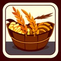 Illustration of a basket of bread and wheat grains on a brown background generative AI