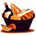 Illustration of a basket full of bread, wine and cheese. AI generated Royalty Free Stock Photo