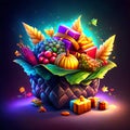 Illustration of a basket full of gifts and autumn leaves, 3d rendering Generative AI