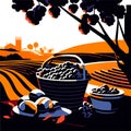 Illustration of a basket full of olives on a plowed field Generative AI