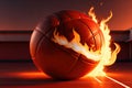 Illustration of the basketball ball enveloped in fire flames on black background, generative ai Royalty Free Stock Photo