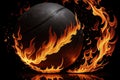 Illustration of the basketball ball enveloped in fire flames on black background, generative ai Royalty Free Stock Photo