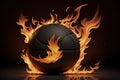 Illustration of the basketball ball enveloped in fire flames on black background, generative ai Royalty Free Stock Photo