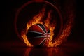 Illustration of the basketball ball enveloped in fire flames on black background, generative ai Royalty Free Stock Photo