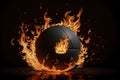 Illustration of the basketball ball enveloped in fire flames on black background, generative ai Royalty Free Stock Photo
