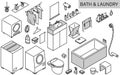 Illustration of bath and laundry products needed for new life, simple isometric, monochrome