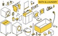 Illustration of bath and laundry products needed for new life, simple isometric