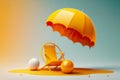 Illustration of beach chair 3D yellow umbrella and ball backdground 3D rendering Royalty Free Stock Photo