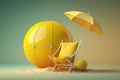 Illustration of beach chair 3D yellow umbrella and ball backdground 3D rendering Royalty Free Stock Photo