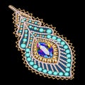 beaded brooch peacock feather with gem