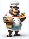 Illustration of a bear chef holding a pizza and a hamburger