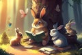 illustration of a bear and a rabbit reading a book