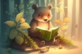 illustration of a bear and a rabbit reading a book