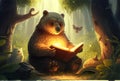 illustration of a bear and a rabbit reading a book