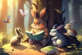 illustration of a bear and a rabbit reading a book